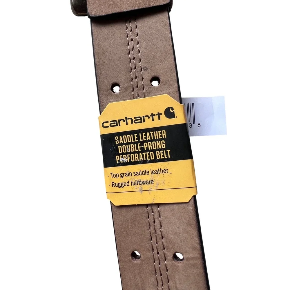 Carhartt Mens Brown Saddle Leather Double-Prong Perforated Belt Size 34 NEW